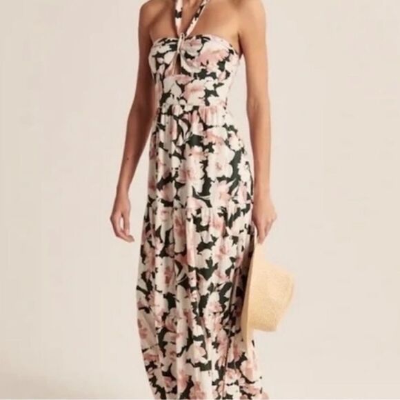Abercrombie & Fitch Halter Neck Maxi Dress ST Tiered Linen Blend Coquette Floral - Picture 1 of 8